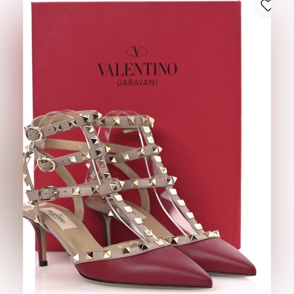 Valentino Nappa Rockstud 65mm Ankle Strap Kitten Heel Burgundy 37.5 MSRP $1195